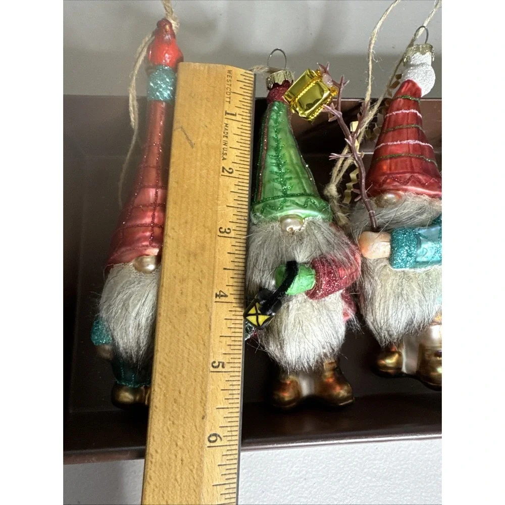 POTTERY BARN - New Mercury Glass GNOME Ornament w/ Faux Fur Beard - Set Of 5